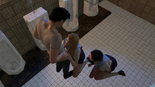 2 Chicks Stalk a Dude in the Bathroom for a Threesome